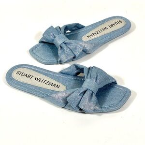 Stuart Weitzman Sofia Bow Slide Sandals Blue Silver Metallic Denim 7 NEW